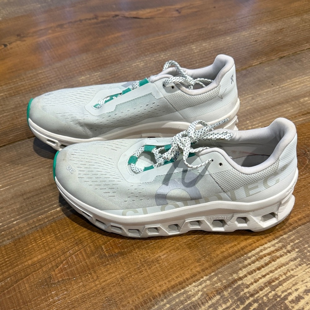 On Running cloudmonster Shoes with White and Teal Accents